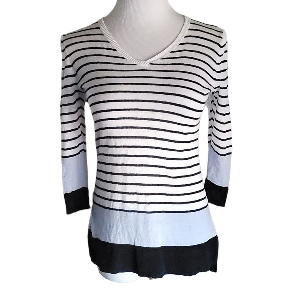 Talbots Petite White Striped V-Neck 100% Linen Long Sweater Pullover Size P